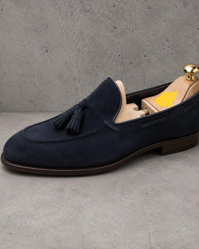 Men's dark blue Suede Tassel Loafer Shoes, Hand Stitched Dress Slip-Ons Shoes