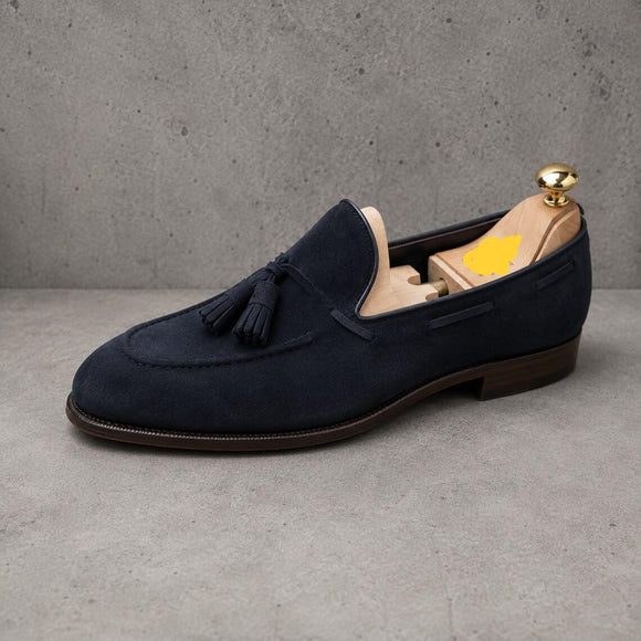 Men's dark blue Suede Tassel Loafer Shoes, Hand Stitched Dress Slip-Ons Shoes