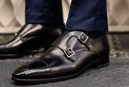 Handmade Black Double Buckle Dress Shoes for Men, Men Black Leather Monk Shoes