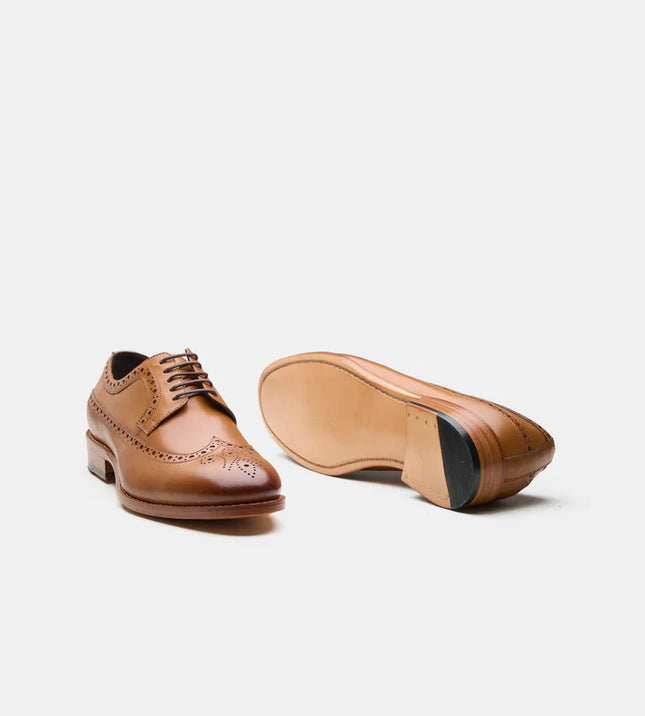 Handmade Men Tan Brown Wing Tip Lace Up Leather Derby Shoes, Brogue Office Shoes