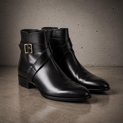 Handmade men black monk strap leather jodhpur ankle boots, Dress boots for mens