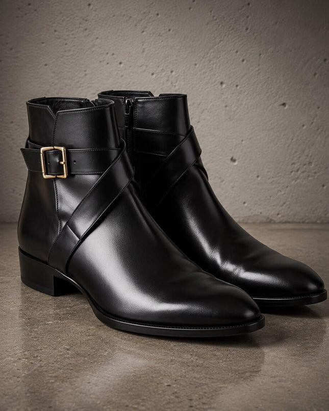 Handmade men black monk strap leather jodhpur ankle boots, Dress boots for mens