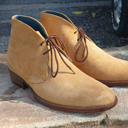 Handmade men brown suede chukka dress boots, Low ankle lace up office boots