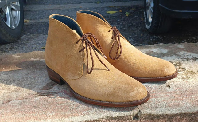 Handmade men brown suede chukka dress boots, Low ankle lace up office boots