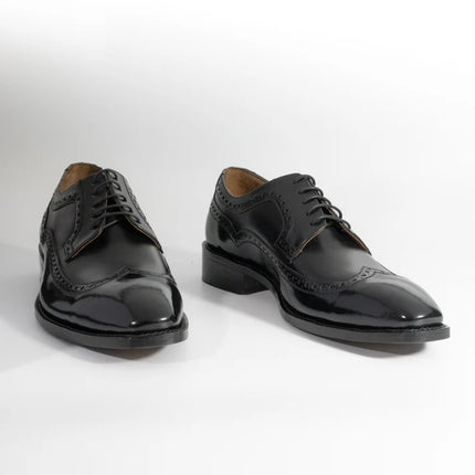 Handmade Patent Black Brogue Wing Tip Lace Up Men's Leather Shoes, Wedding Shoes