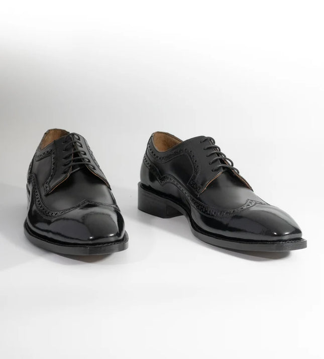 Handmade Patent Black Brogue Wing Tip Lace Up Men's Leather Shoes, Wedding Shoes