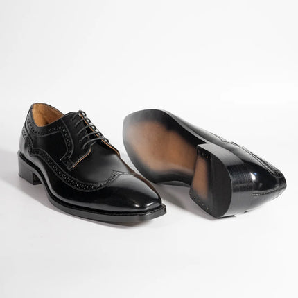 Handmade Patent Black Brogue Wing Tip Lace Up Men's Leather Shoes, Wedding Shoes
