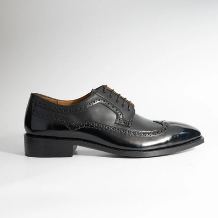 Handmade Patent Black Brogue Wing Tip Lace Up Men's Leather Shoes, Wedding Shoes