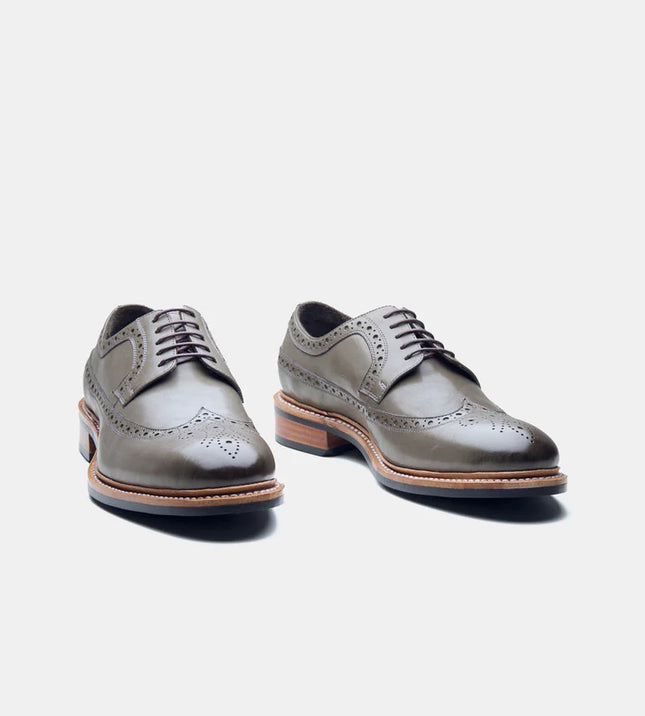 Handmade Gray Brogue Wing Tip Lace Up Men's Leather Shoes, Wedding Shoes