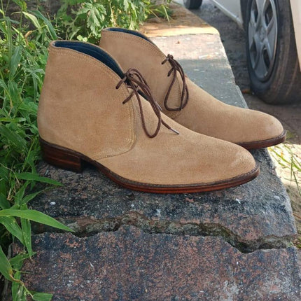 Handmade men brown suede chukka dress boots, Low ankle lace up office boots
