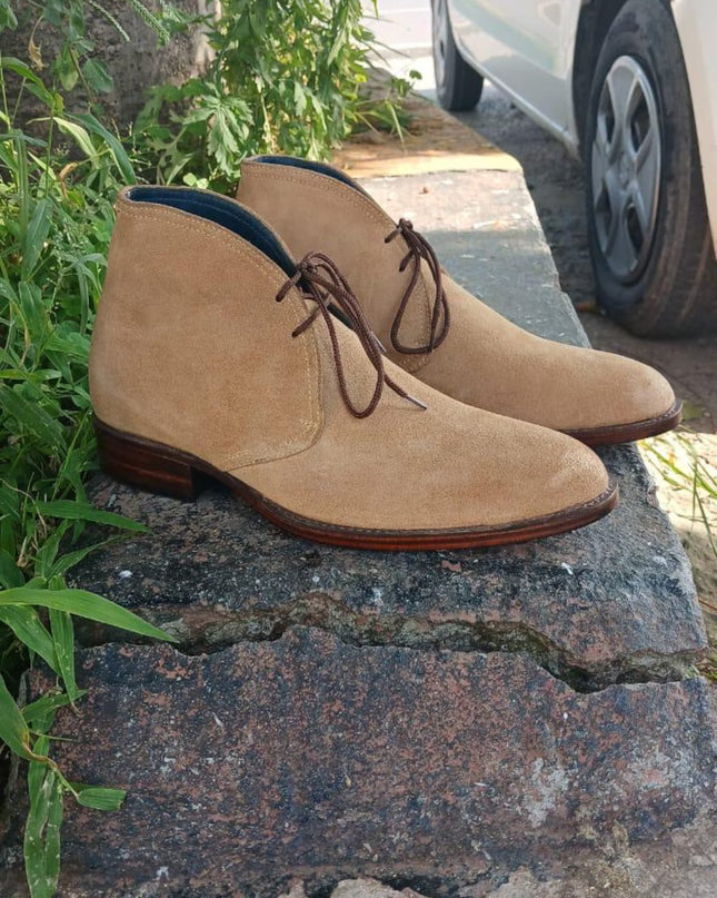 Handmade men brown suede chukka dress boots, Low ankle lace up office boots