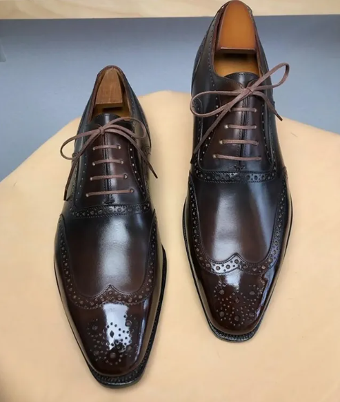 Handmade Men Wing Tip Dark Brown Leather Brogue Lace Up Dress Shoes, Office Shoe