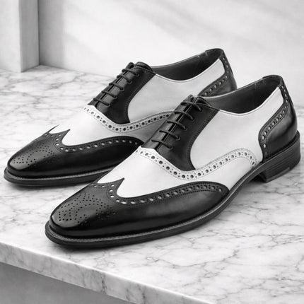 Handmade men black & white Lace up leather wingtip shoes, Brogue shoes