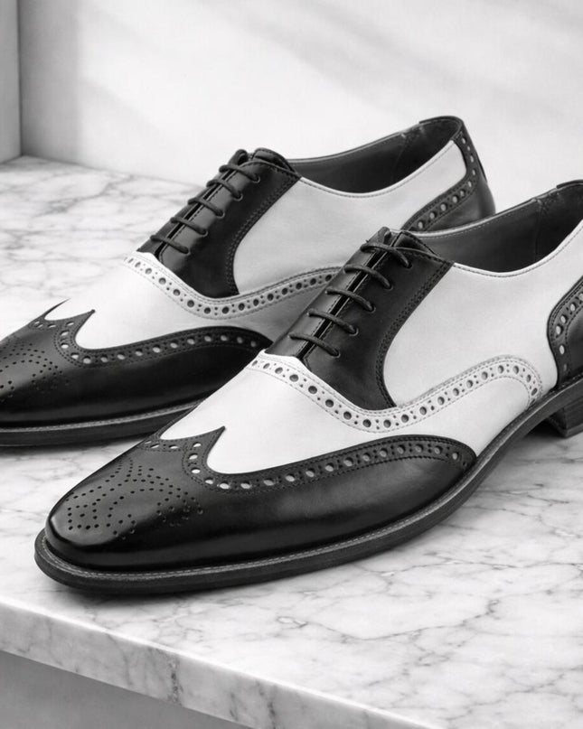 Handmade men black & white Lace up leather wingtip shoes, Brogue shoes