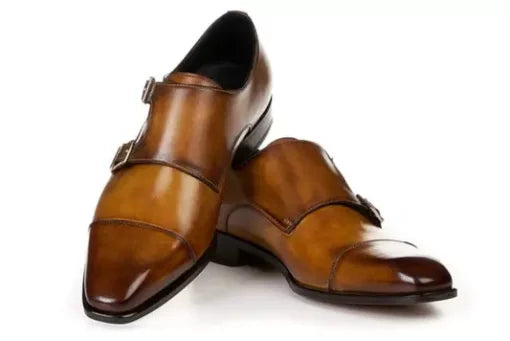 Handmade Men Brown Double Buckle Dress Shoes, Men Brown Leather Monk Shoes