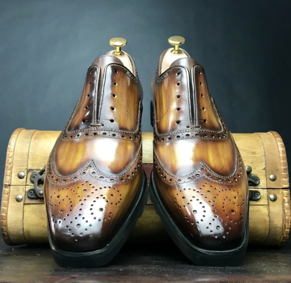 Handmade Shaded Tan Men Leather Brogue Wing Tip Lace Up Dress Shoes, Party Shoes