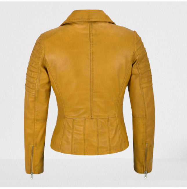 Women Tan Leather Biker Jacket, Tan Street Style Fashion Jacket
