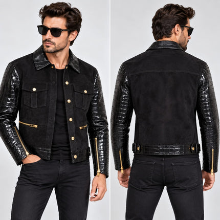 Handmade Men Black Leather Suede Cargo Jacket, Mens Biker Jacket, Casual Leather Suede Jackets