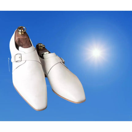 Handmade Mens White Buckle Shoes, Men White Monk Dress Shoes, Shoes for Men