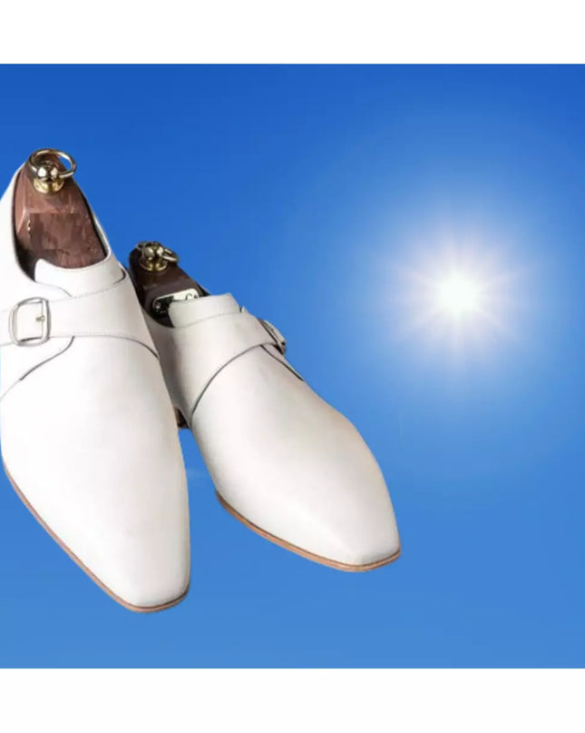 Handmade Mens White Buckle Shoes, Men White Monk Dress Shoes, Shoes for Men