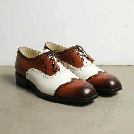 Handmade men brown and white wingtip brogue shoes, office dress shoes for mens