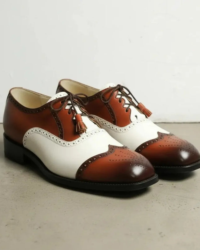 Handmade men brown and white wingtip brogue shoes, office dress shoes for mens