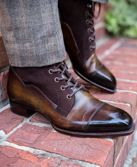 Handmade Men Stylish Burnished Brown Ankle Lace Up Dress Boot, Business Boot
