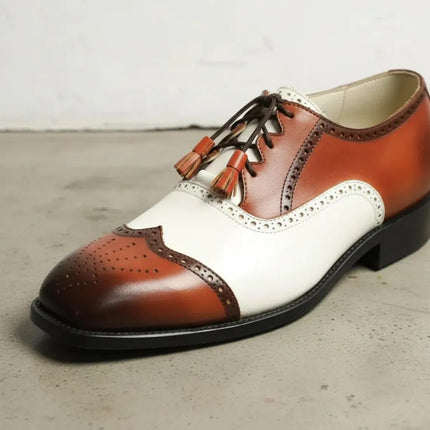 Handmade men brown and white wingtip brogue shoes, office dress shoes for mens