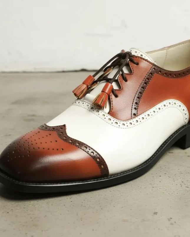 Handmade men brown and white wingtip brogue shoes, office dress shoes for mens