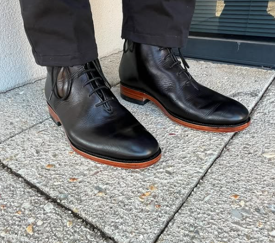 Handmade Men Black Leather High Ankle Chukka Lace Up Dress Boot, Biker Boot