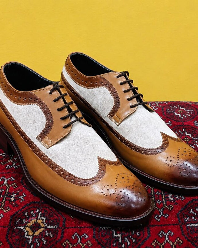 Handmade men two tone Lace up wingtip shoes, Brogue office shoes for mens