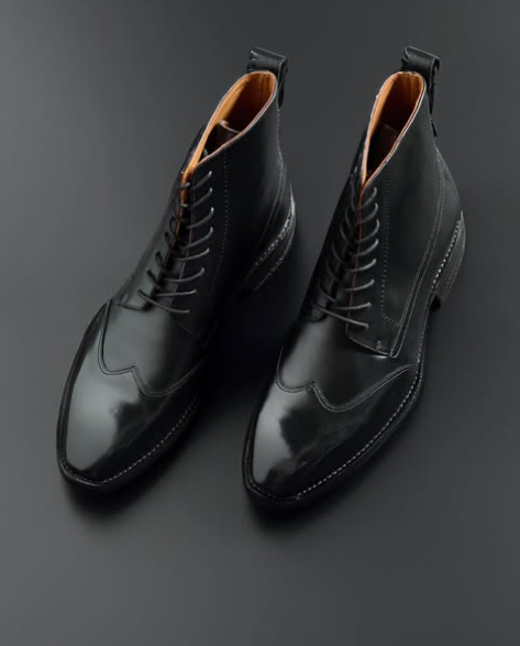 Handmade Men Black Men Wing Tip Leather Ankle Lace Up Business Boot, Biker Boot