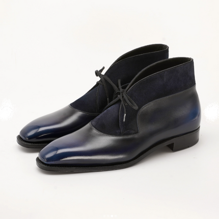 Handmade Dark Blue Low Ankle Chukka Leather/Suede Men Business Boot, D Footeria Handmade Dark Blue Low Ankle Chukka Leather/Suede Men Business Boot, D Footeria