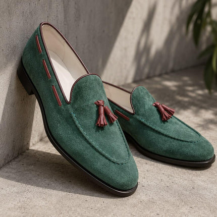 Men's Green Suede Tassel Loafer Shoes, Hand Stitched Leather Dress Slip-Ons