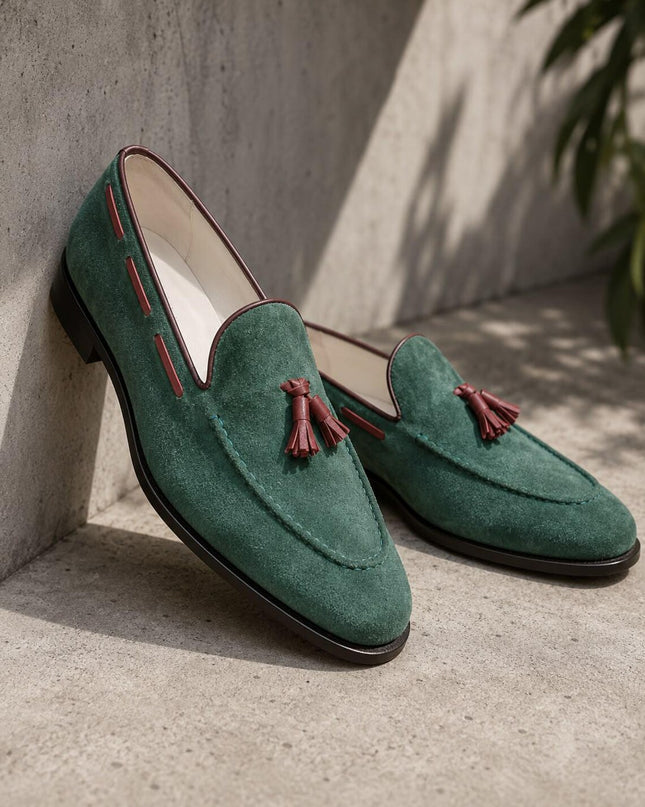 Men's Green Suede Tassel Loafer Shoes, Hand Stitched Leather Dress Slip-Ons
