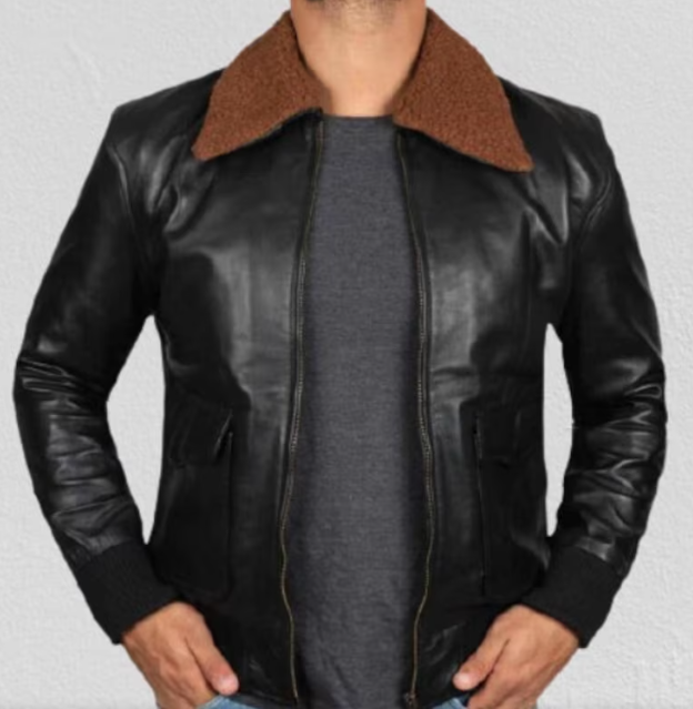 Handmade Men Black Leather Jacket with Brown Fur Collars, Biker Jackets For Men