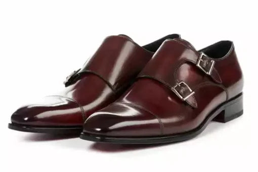 Maroon Double Buckle Handmade Dress Shoes for Men, Men Maroon Leather Monk Shoe