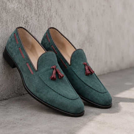 Men's Green Suede Tassel Loafer Shoes, Hand Stitched Leather Dress Slip-Ons