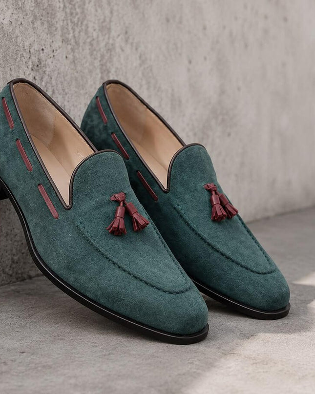 Men's Green Suede Tassel Loafer Shoes, Hand Stitched Leather Dress Slip-Ons