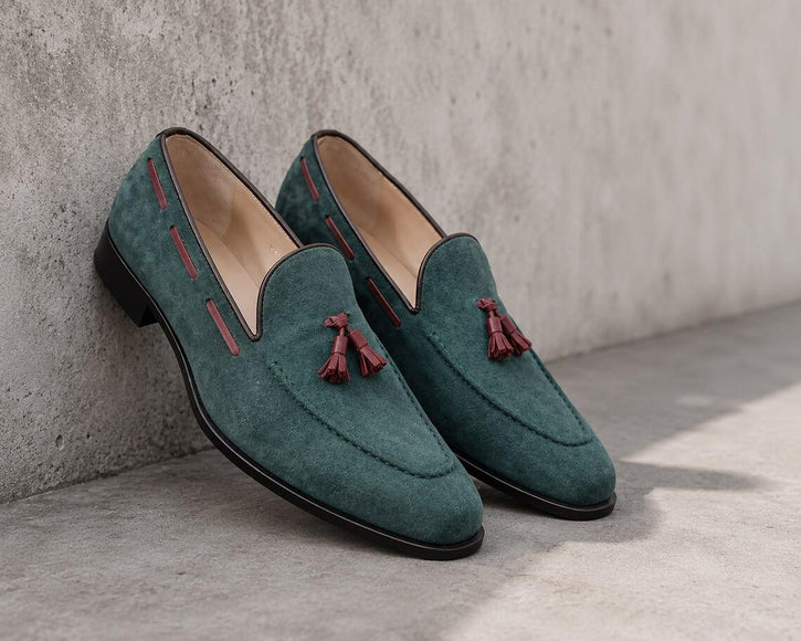 Men's Green Suede Tassel Loafer Shoes, Hand Stitched Leather Dress Slip-Ons
