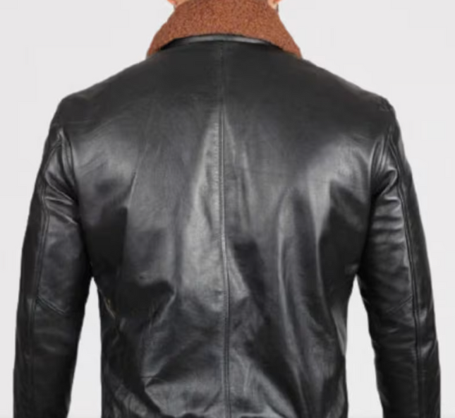 Handmade Men Black Leather Jacket with Brown Fur Collars, Biker Jackets For Men