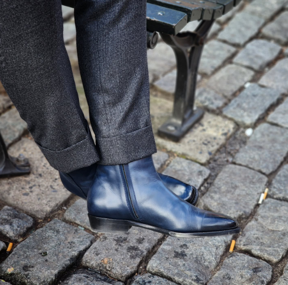 Handmade Men Blue Leather Ankle Side Zipper Business Boot, Dress Boot
