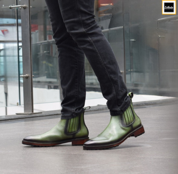 Handmade Men Stylish Dark Green Ankle Pull On Leather Business Boot, Dress Boot