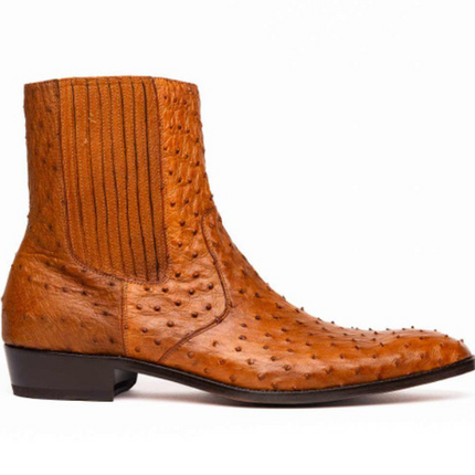 Handmade Men Stylish Tan Ankle Pull On Ostrich Leather Business Boot, Dress Boot
