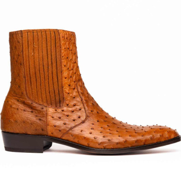 Handmade Men Stylish Tan Ankle Pull On Ostrich Leather Business Boot, Dress Boot