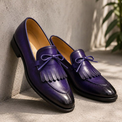 Handmade men purple fringes moccasin slip ons shoes, formal dress leather shoes