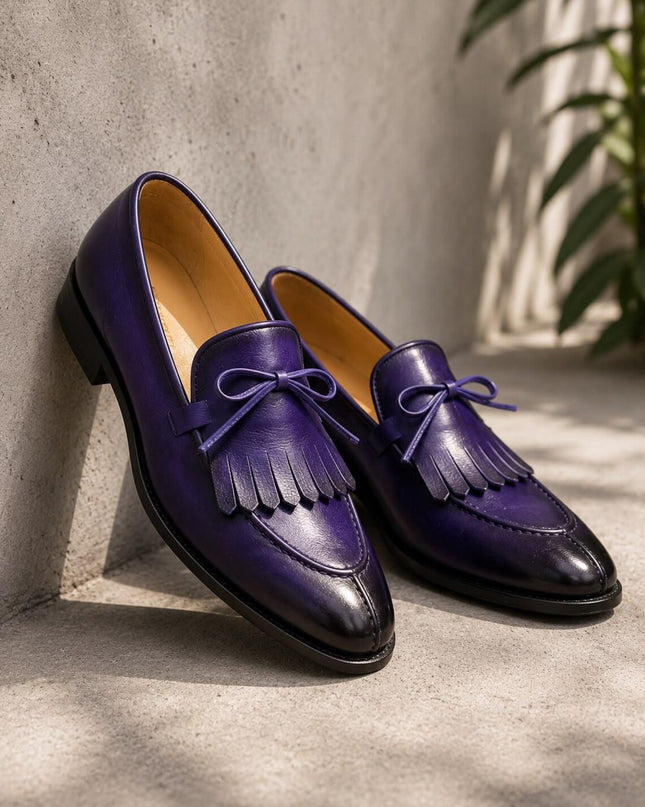 Handmade men purple fringes moccasin slip ons shoes, formal dress leather shoes