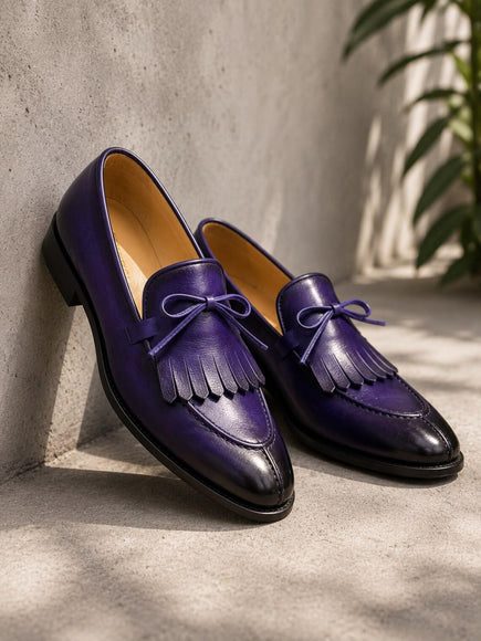 Handmade men purple fringes moccasin slip ons shoes, formal dress leather shoes