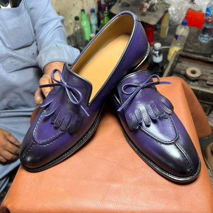 Handmade men purple fringes moccasin slip ons shoes, formal dress leather shoes
