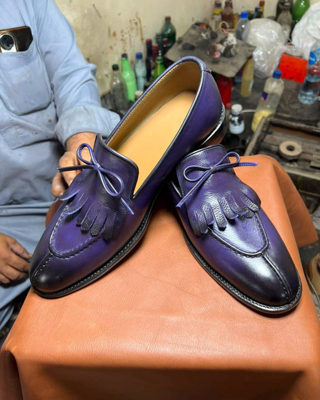 Handmade men purple fringes moccasin slip ons shoes, formal dress leather shoes